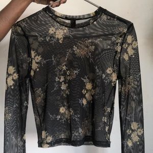Mesh long sleeve top with flowers